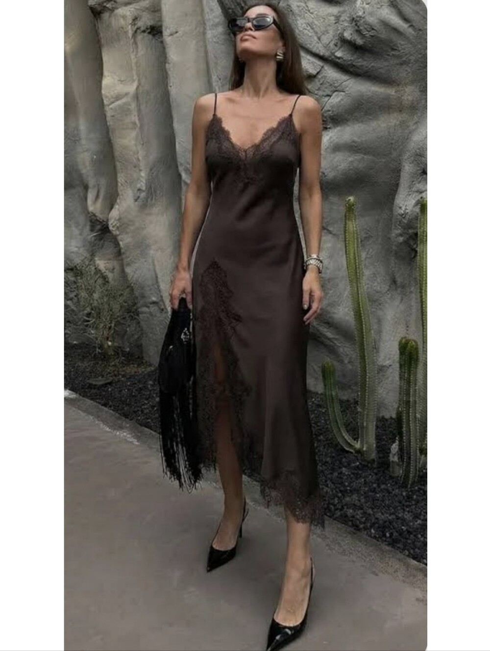 ZARA SATIN LACE DRESS LONG BROWN NEW